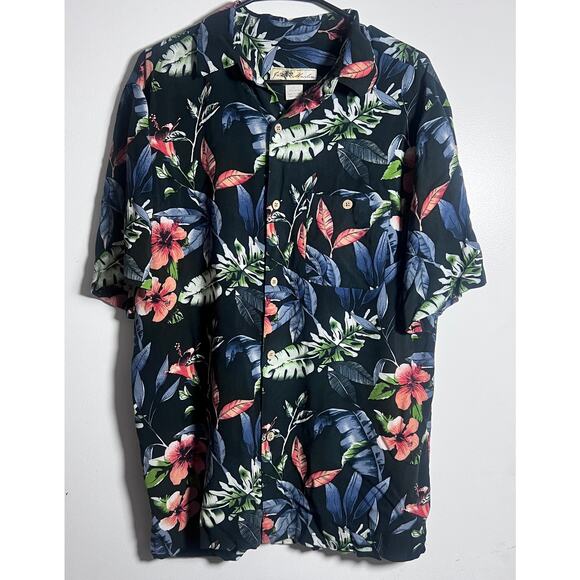 Joe Marlin Men’s L Hawaiian Shirt Black Floral Tropical Aloha 100% Rayon - Picture 2 of 8